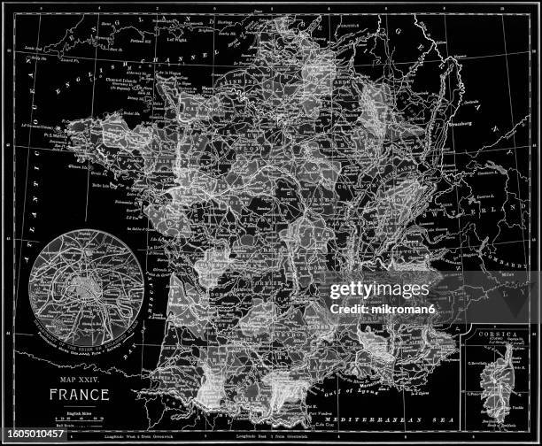 old chromolithograph map of france - french mediterranean island stock pictures, royalty-free photos & images