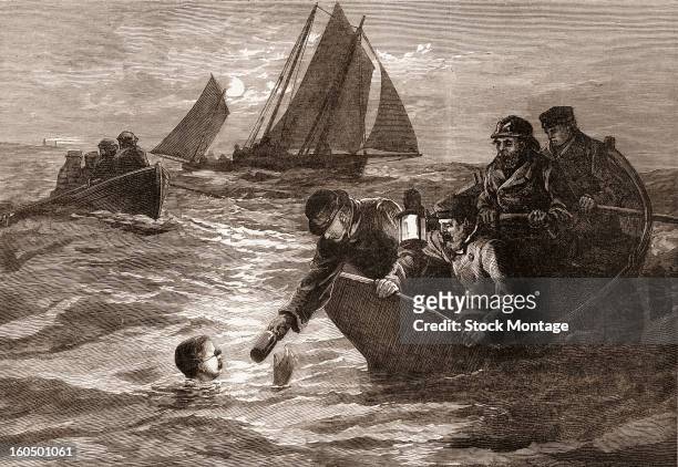Engraving depicts Captain Matthew Webb , during an attempt to swim the English Channel, as he accepts a thermos of coffee from a man in a boat, 1875....