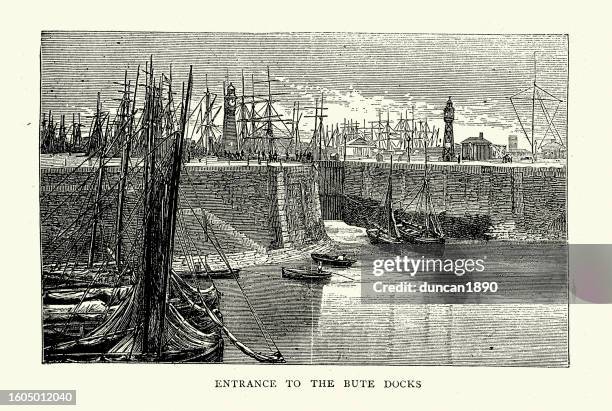entrance to the bute docks, cardiff, wales, 1870s, !9th century - pier stock illustrations