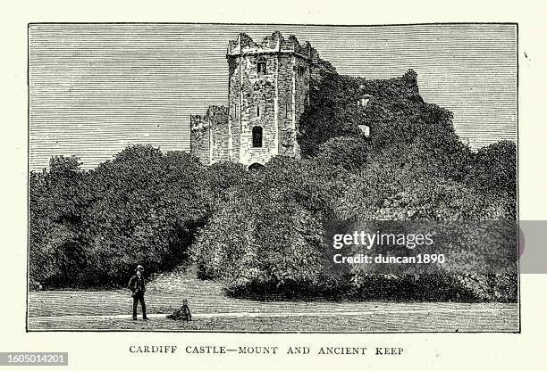 mount and ancient keep of cardiff castle a medieval castle in wales - cardiff castle stock illustrations