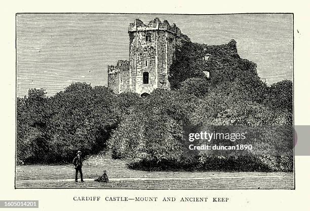 mount and ancient keep of cardiff castle a medieval castle in wales - cardiff stock illustrations