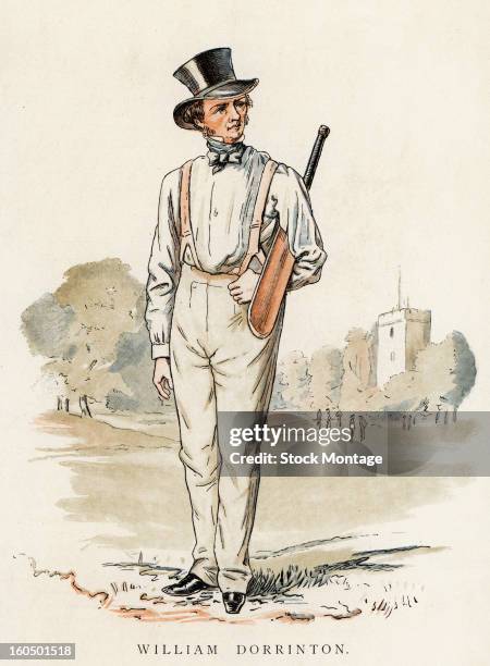 Chromolithograph of British cricket player William Dorrinton as he poses with a cricket bat under his arm at the Marylebone Cricket Club, London,...