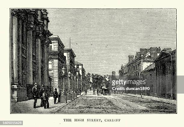 vintage illustration of the high street, cardiff, wales, 1870s, 19th century - cardiff stock illustrations