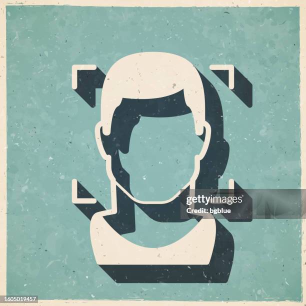 facial recognition with man. icon in retro vintage style - old textured paper - portrait plain background stock illustrations