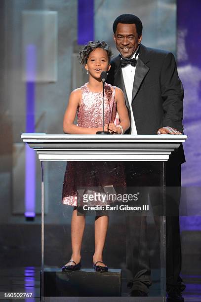 Actors Quvenzhane Wallis and Dwight Henry speak onstage during the 44th NAACP Image Awards at The Shrine Auditorium on February 1, 2013 in Los...