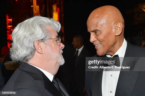 Producer George Lucas and honoree Harry Belafonte attend the 44th NAACP Image Awards at The Shrine Auditorium on February 1, 2013 in Los Angeles,...