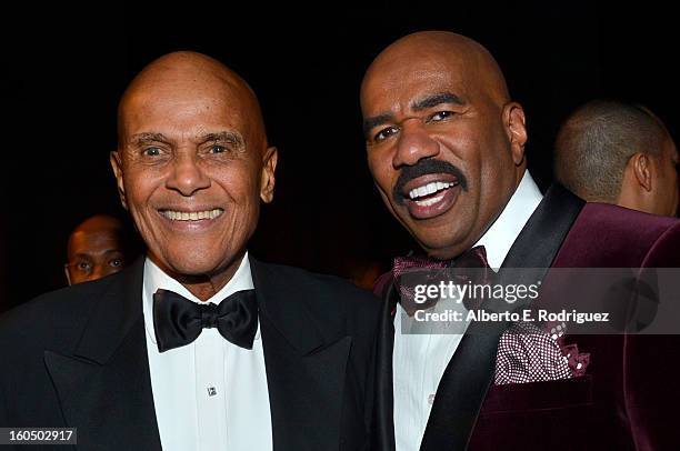 Honoree Harry Belafonte and host Steve Harvey attend the 44th NAACP Image Awards at The Shrine Auditorium on February 1, 2013 in Los Angeles,...