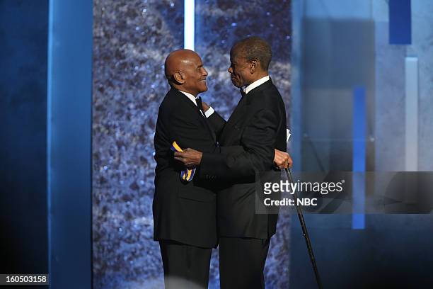 Show -- Pictured: Harry Belafonte, Sidney Poitier on stage at The Shrine Auditorium, February 1, 2013 --