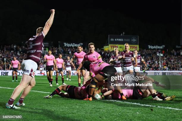 Reuben Garrick of the Sea Eagles stretches to score as try during the round 24 NRL match between Manly Sea Eagles and Penrith Panthers at 4 Pines...