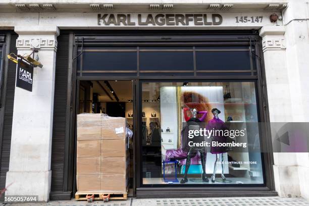 Pallet with boxes of clothing in the doorway of the Karl Lagerfeld store on Regent Street in London, UK, on Thursday, Aug. 17, 2023. The Office for...