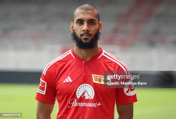 Aissa Laidouni of 1. FC Union Berlin poses during the team presentation at Stadion an der Alten Foersterei on August 09, 2023 in Berlin, Germany.