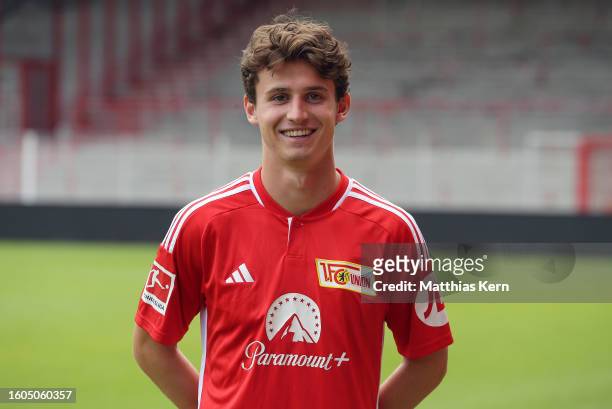 Brenden Aaronson of 1. FC Union Berlin poses during the team presentation at Stadion an der Alten Foersterei on August 09, 2023 in Berlin, Germany.