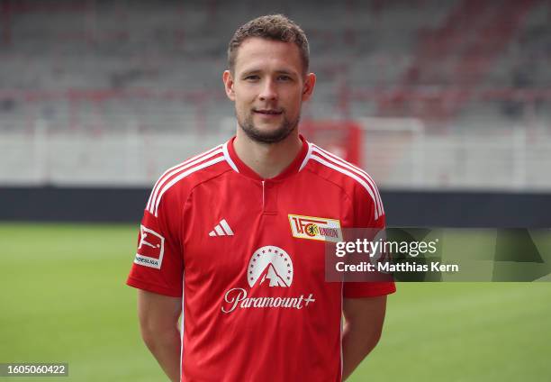 Paul Jaeckel of 1. FC Union Berlin poses during the team presentation at Stadion an der Alten Foersterei on August 09, 2023 in Berlin, Germany.