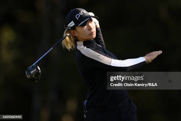 Hinako Shibuno of Japan tees off on the 6th hole on Day One of the AIG Women's Open at Walton Heath Golf Club on August 10, 2023 in Tadworth, England.