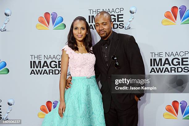 Actress Kerry Washington and actor Columbus Short pose in the press room during the 44th NAACP Image Awards at The Shrine Auditorium on February 1,...