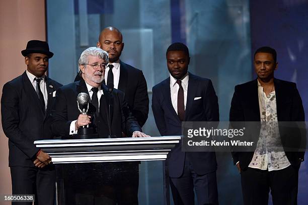 Actor Tristan Wilds, director George Lucas, and actors Anthony Hemingway, David Oyelowo and Kevin Phillips onstage during the 44th NAACP Image Awards...