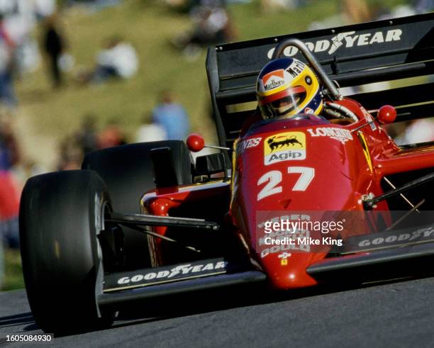 Michele Alboreto from Italy drives the Scuderia Ferrari SpA SEFAC Ferrari 156/85 Ferrari V6t during the Formula One Shell Oils Grand Prix of Europe...