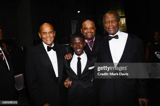 Harry Belafonte, Kwesi Boakye, Roland Martin and Sidney Poitier attend the 44th NAACP Image Awards at The Shrine Auditorium on February 1, 2013 in...