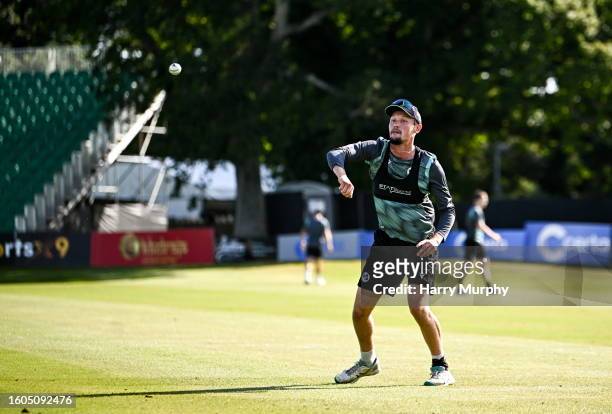 Dublin , Ireland - 17 August 2023; Ben White during a Cricket Ireland training session at Malahide Cricket Club in Dublin.