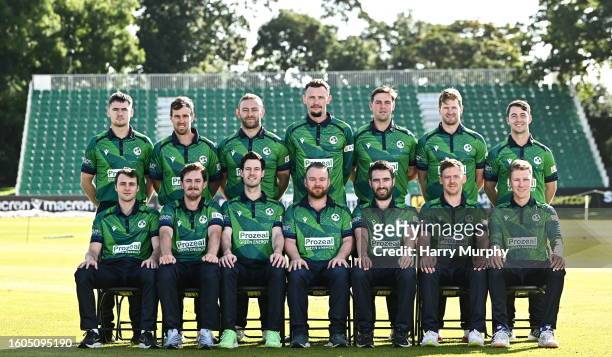 Dublin , Ireland - 17 August 2023; The Ireland squad, back row, from left, Josh Little, Theo van Woerkom, Ross Adair, Ben White, Fionn Hand, and...