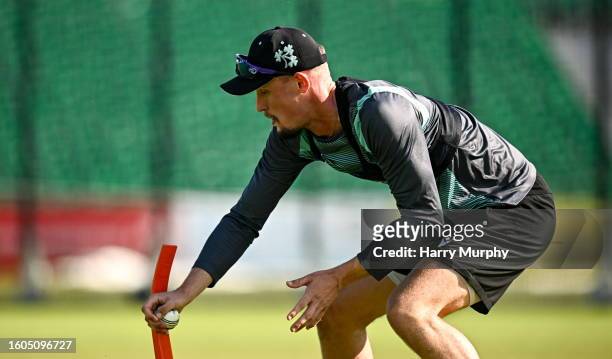 Dublin , Ireland - 17 August 2023; Ben White during a Cricket Ireland training session at Malahide Cricket Club in Dublin.