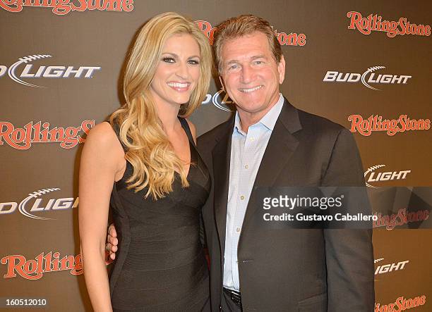 Personality Erin Andrews and former professional football player Joe Theismann arrive at the Rolling Stone LIVE party held at the Bud Light Hotel on...