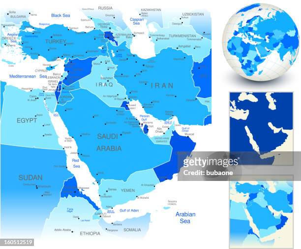 ilustrações de stock, clip art, desenhos animados e ícones de mapa do médio oriente azul com globo e país contornos - yemen