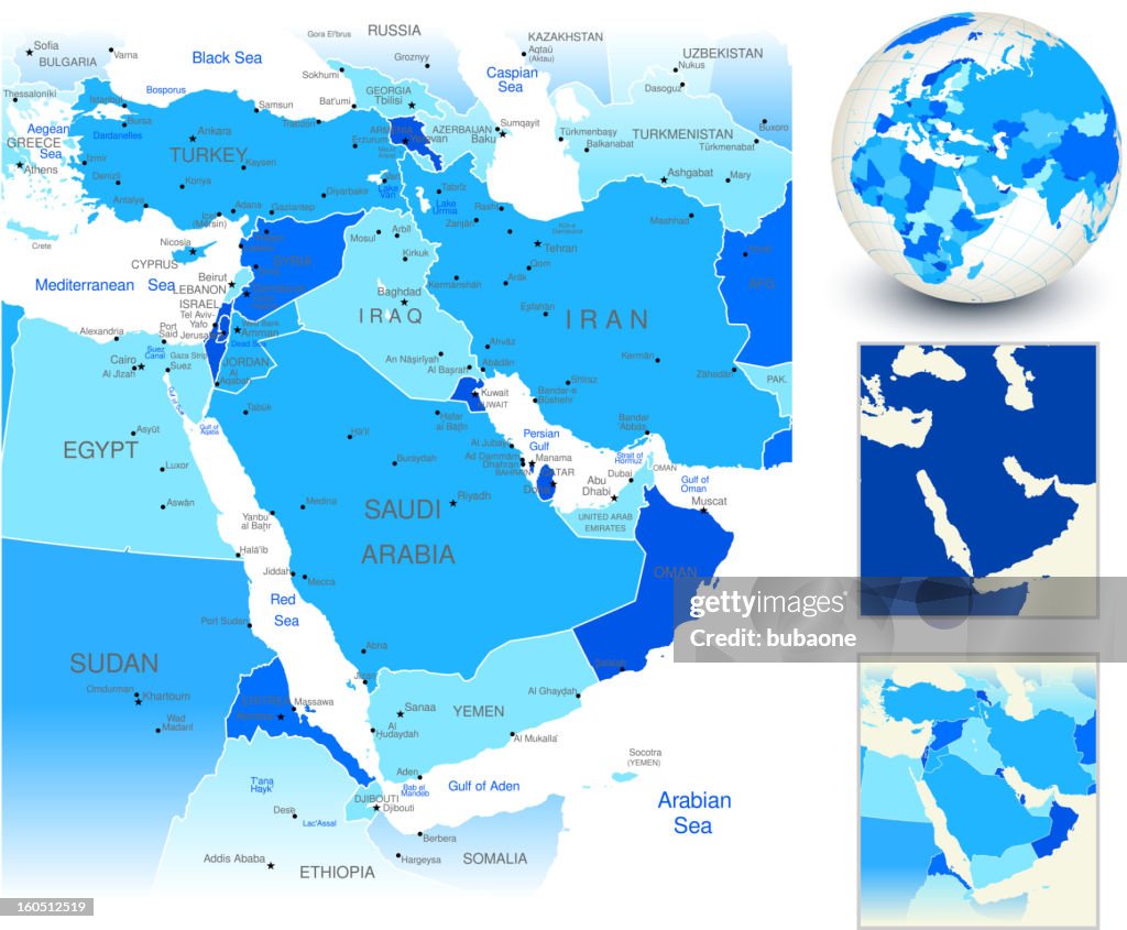 Middle East Map with blue globe and country outlines