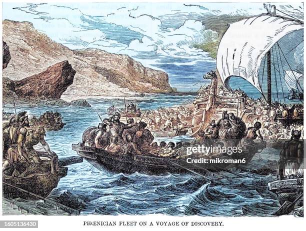 old engraved illustration of phoenician fleet on voyage of discovery in the mediterranean sea - iberian stockfoto's en -beelden