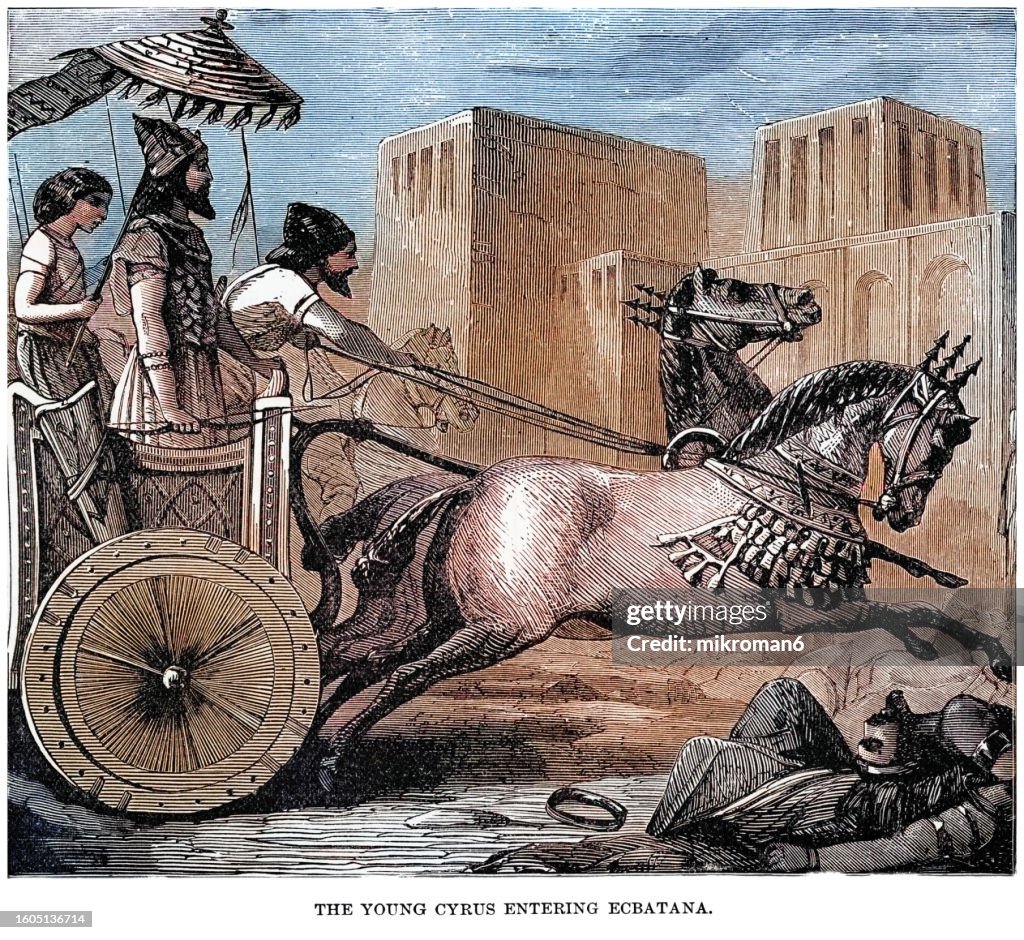 Old engraved illustration of the Young Cyrus the Great, Cyrus II of Persia entering Ecbatana (ancient city, which was first the capital of Media in western Iran)