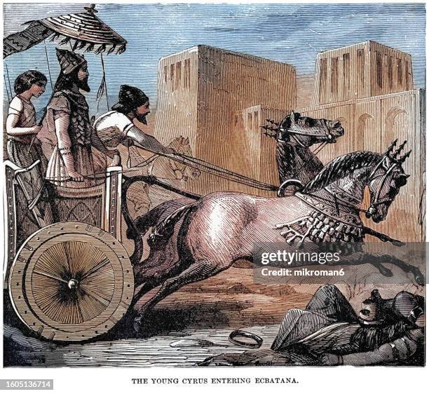 old engraved illustration of the young cyrus the great, cyrus ii of persia entering ecbatana (ancient city, which was first the capital of media in western iran) - empire photos et images de collection