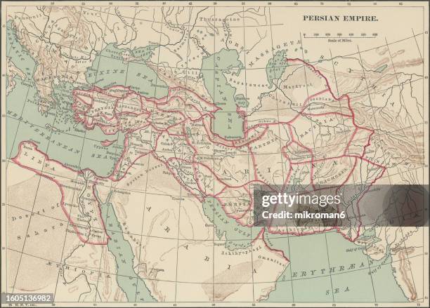 old chromolithograph map of persian empire - persian empire map stock pictures, royalty-free photos & images