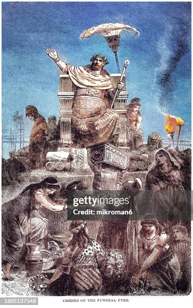 old engraved illustration of croesus (last king of lydia, c. 590 - c. 546 bc) on the funeral pyre, surrounded by its wealth - king croesus of lydia stock pictures, royalty-free photos & images