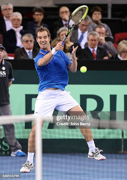 Richard Gasquet of France plays a forehand during his match against Dudi Sela of Israel on day one of the Davis Cup first round match between France...