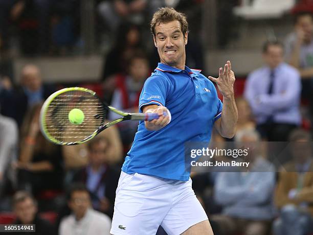Richard Gasquet of France plays a forehand during his match against Dudi Sela of Israel on day one of the Davis Cup first round match between France...
