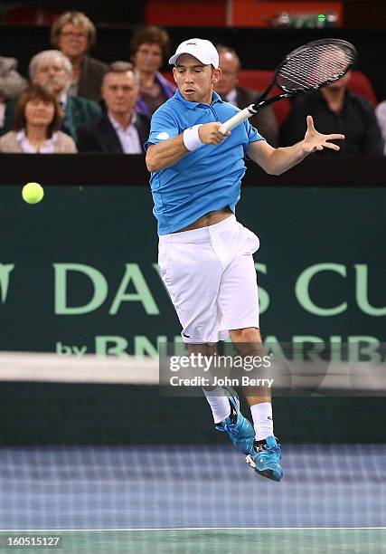 Dudi Sela of Israel plays a forehand against Richard Gasquet of France on day one of the Davis Cup first round match between France and Israel at the...