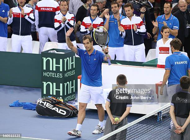 Richard Gasquet of France celebrates his victory after his match against Dudi Sela of Israel on day one of the Davis Cup first round match between...