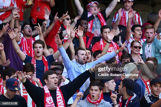 Heart fans cheer prior to the round 19 A-League match between the Melbourne Victory and the Melbourne Heart at Etihad Stadium on February 2, 2013 in...