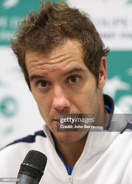 Richard Gasquet of France speaks to the media after his match against Dudi Sela of Israel on day one of the Davis Cup first round match between...