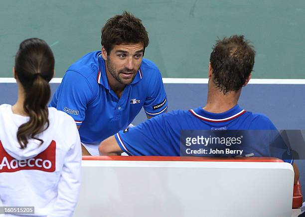 France coach Arnaud Clement shares few words with Richard Gasquet of France during his match against Dudi Sela of Israel on day one of the Davis Cup...