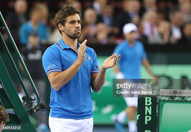 France coach Arnaud Clement applauds Richard Gasquet of France on day one of the Davis Cup first round match between France and Israel at the...