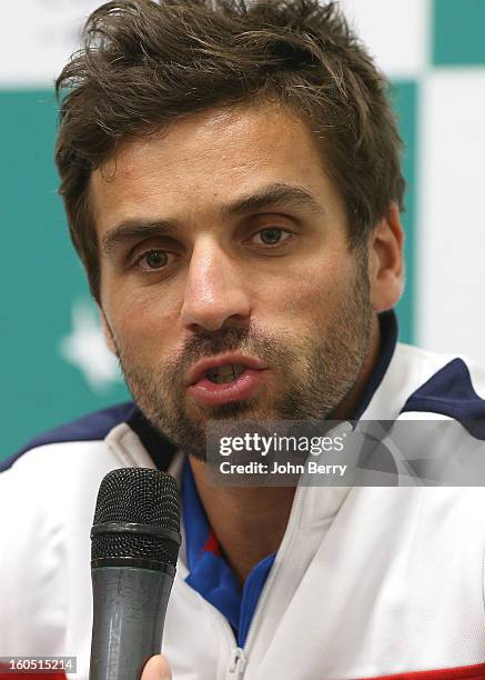 Arnaud Clement, coach of France speaks to the media on day one of the Davis Cup first round match between France and Israel at the Kindarena stadium...