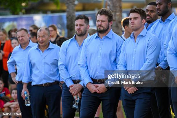 Wallabies watch the Saltwater ceremony from the Larrakia Nation during the Australia Wallabies Rugby World Cup Squad Announcement at Darwin...