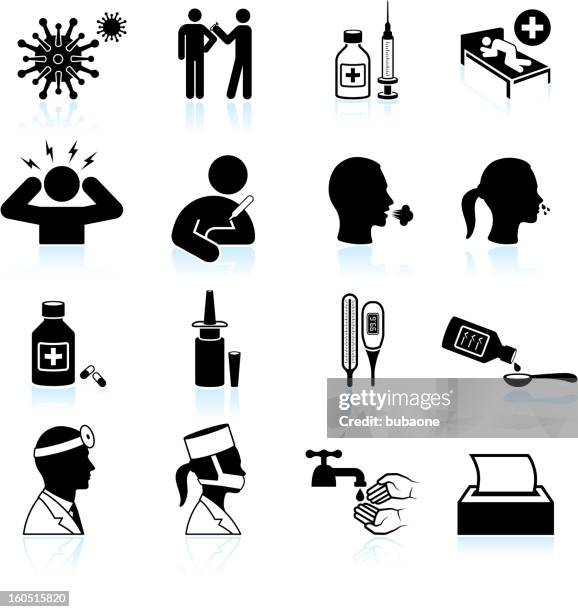 erkältung und grippe schwarz & weiß vektor icon-set - spital mann patient stock-grafiken, -clipart, -cartoons und -symbole