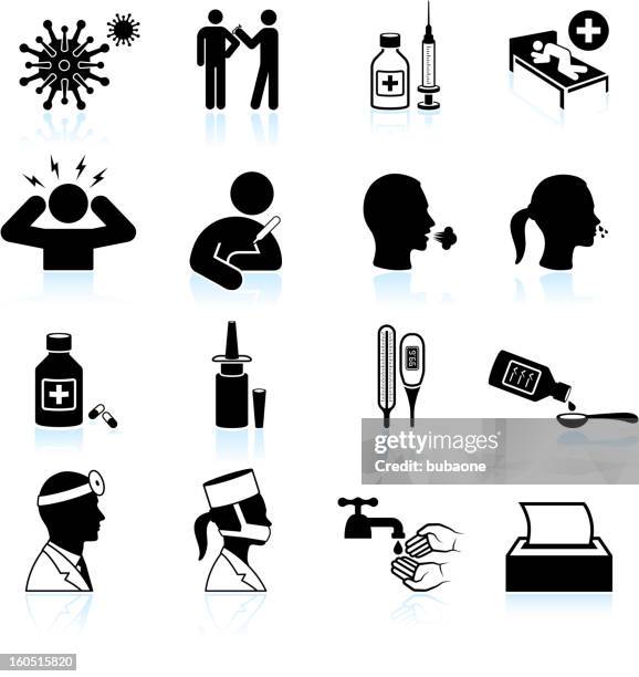 ilustrações de stock, clip art, desenhos animados e ícones de constipação e gripe preto & branco vector conjunto de ícones - espirrar
