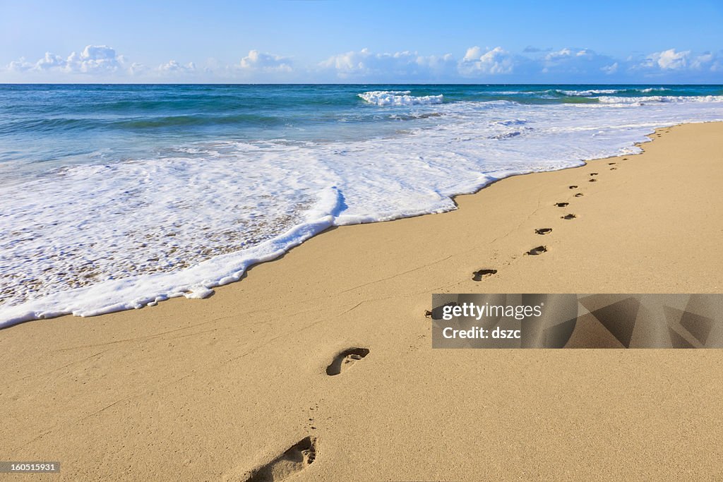 Sand, footprints, pacific ocean surf,  tropical beach, Kauai, Hawaii