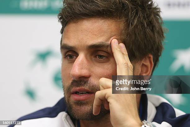 Arnaud Clement, coach of France speaks to the media on day one of the Davis Cup first round match between France and Israel at the Kindarena stadium...