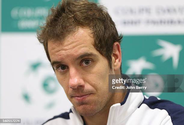 Richard Gasquet of France speaks to the media after his match against Dudi Sela of Israel on day one of the Davis Cup first round match between...