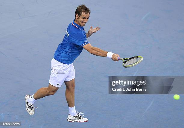 Richard Gasquet of France plays a forehand during his match against Dudi Sela of Israel on day one of the Davis Cup first round match between France...