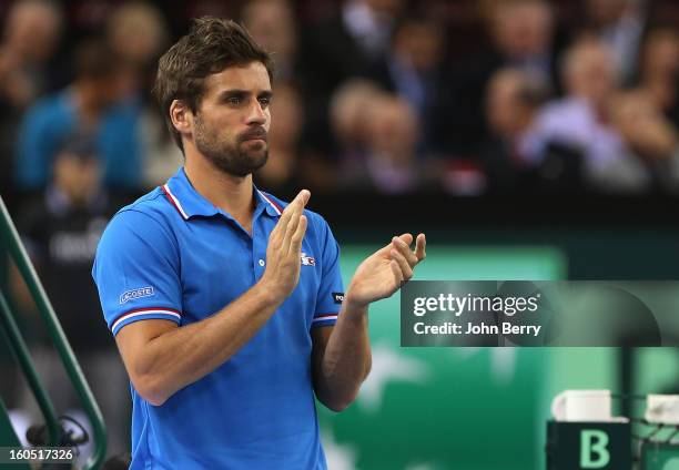 France coach Arnaud Clement applauds during the first round match between Richard Gasquet France and Dudi Sela of Israel on day one of the Davis Cup...